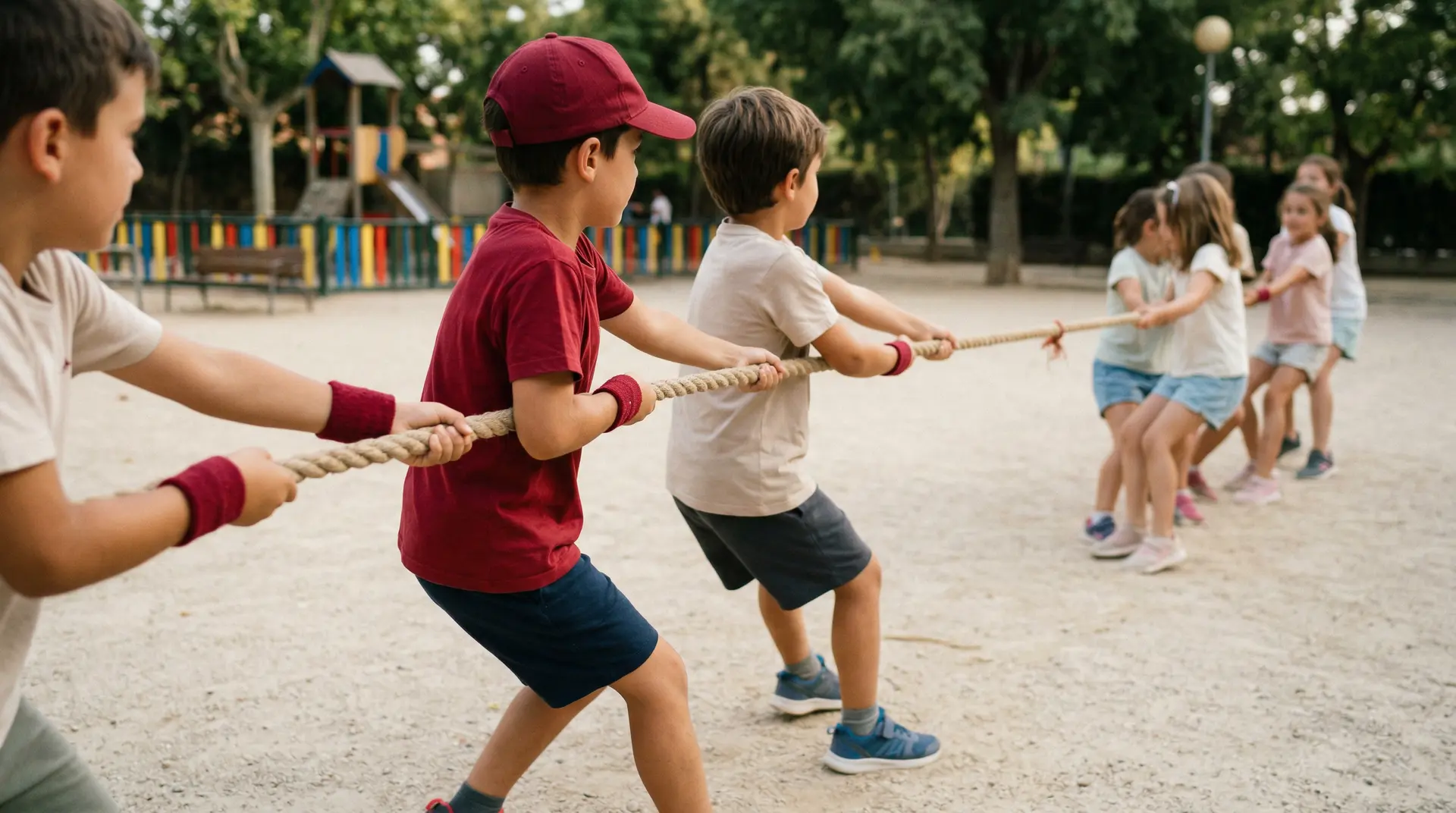 Niñas y niños jugando a la soga en el patio de un colegio del programa