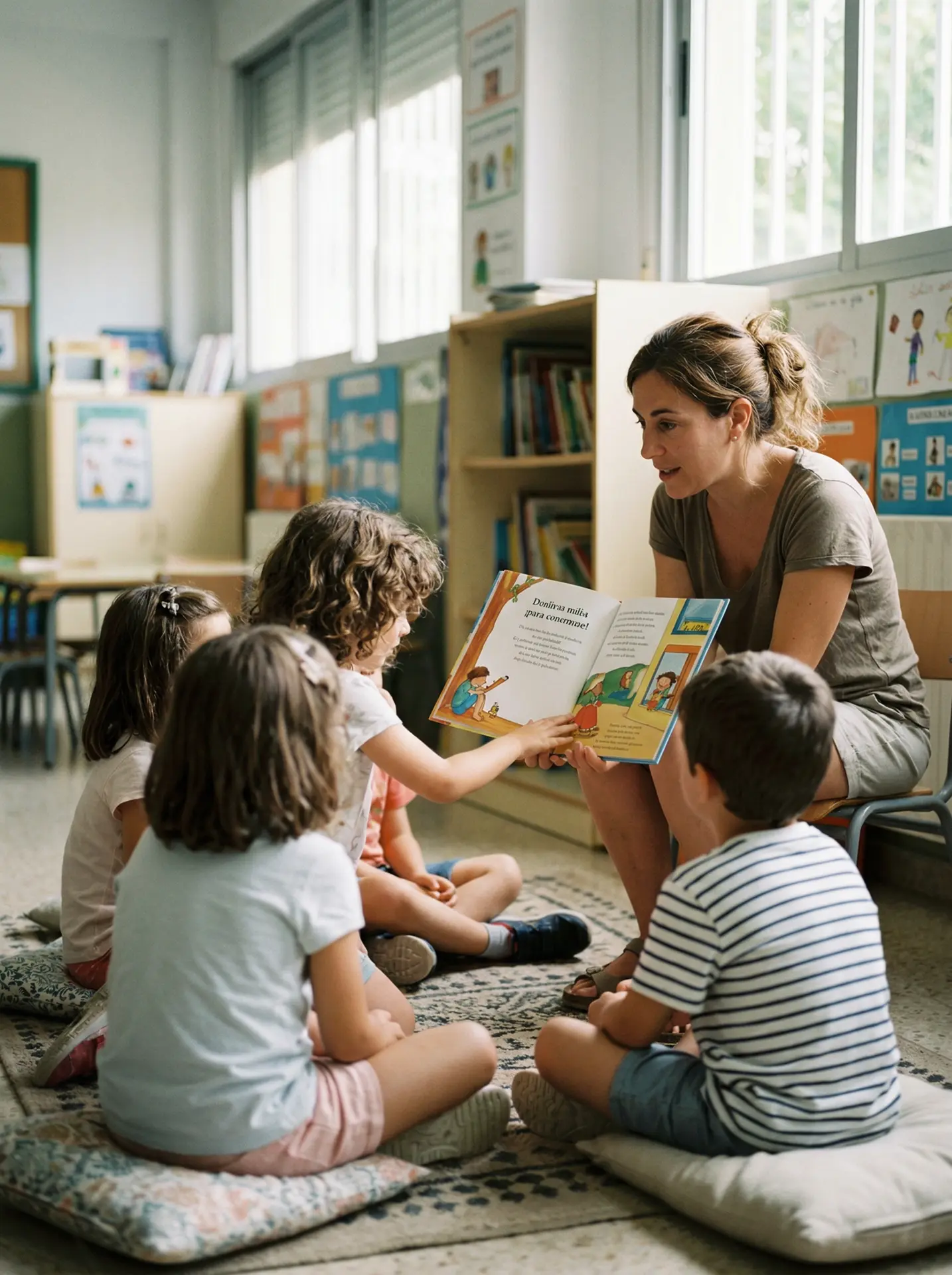 Un grupo de niñas y niños escuchando un cuento en el aula
