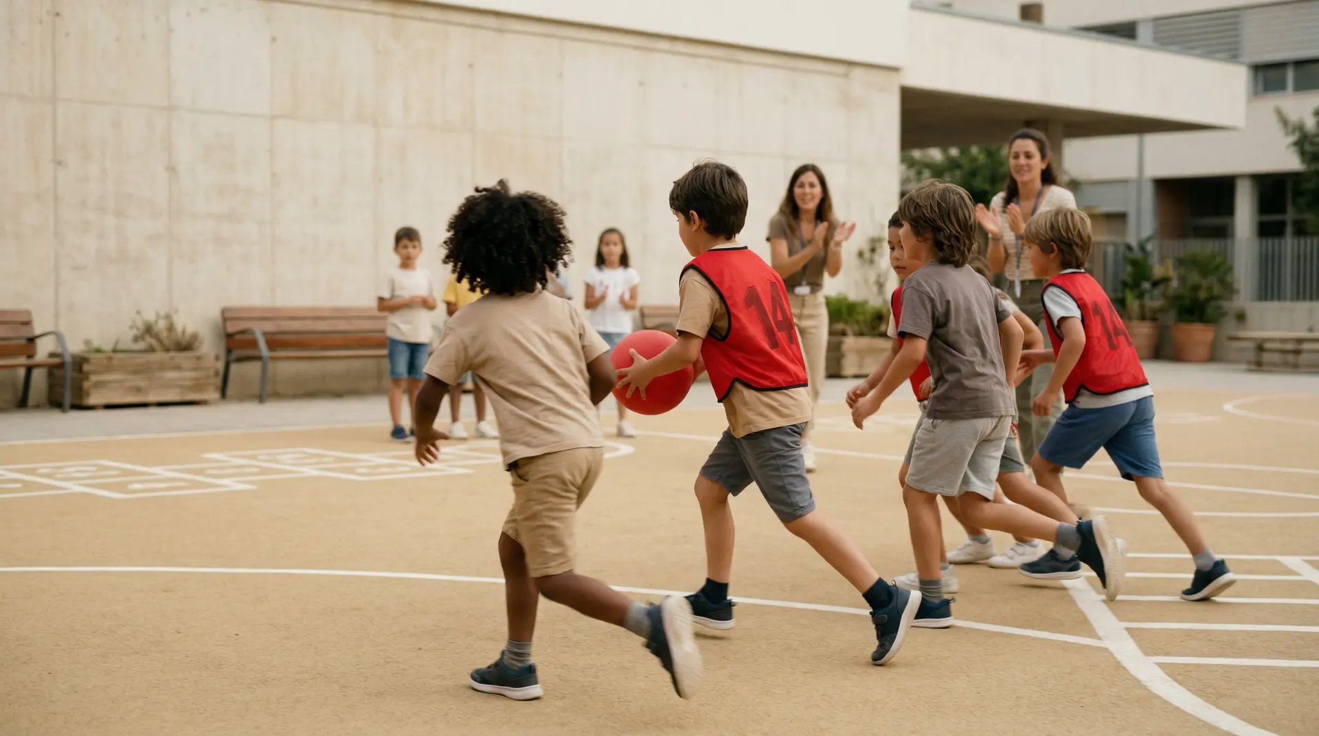 Niñas y niños jugando al baloncesto en el patio